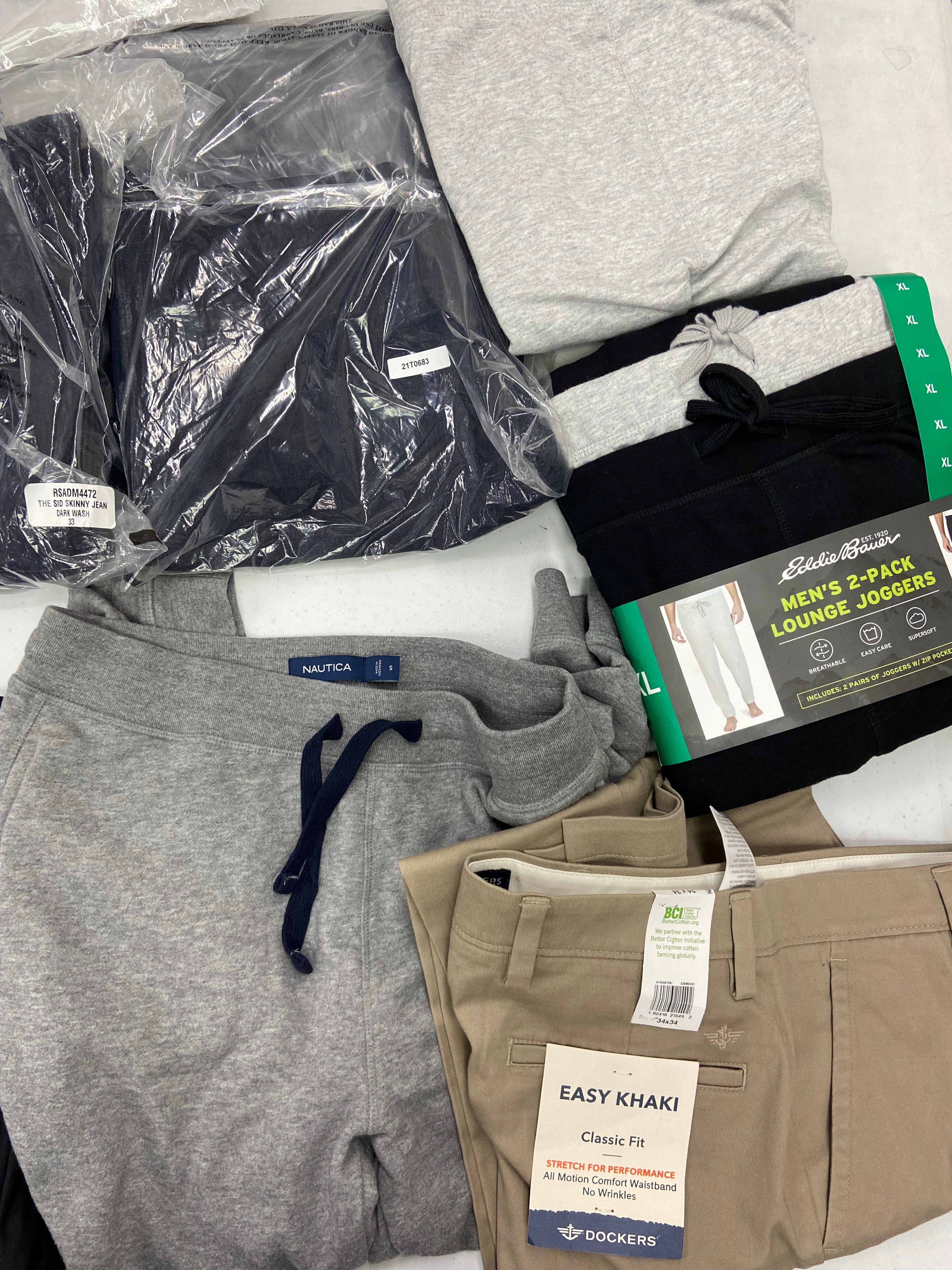 Men's Clothing Bottoms Wholesale Lot, DOCKERS, NAUTICA, DYLAN GRAY, EDDIE BAUER, KIRKLAND and more, 9 items, Shelf Pulls, MSRP $604