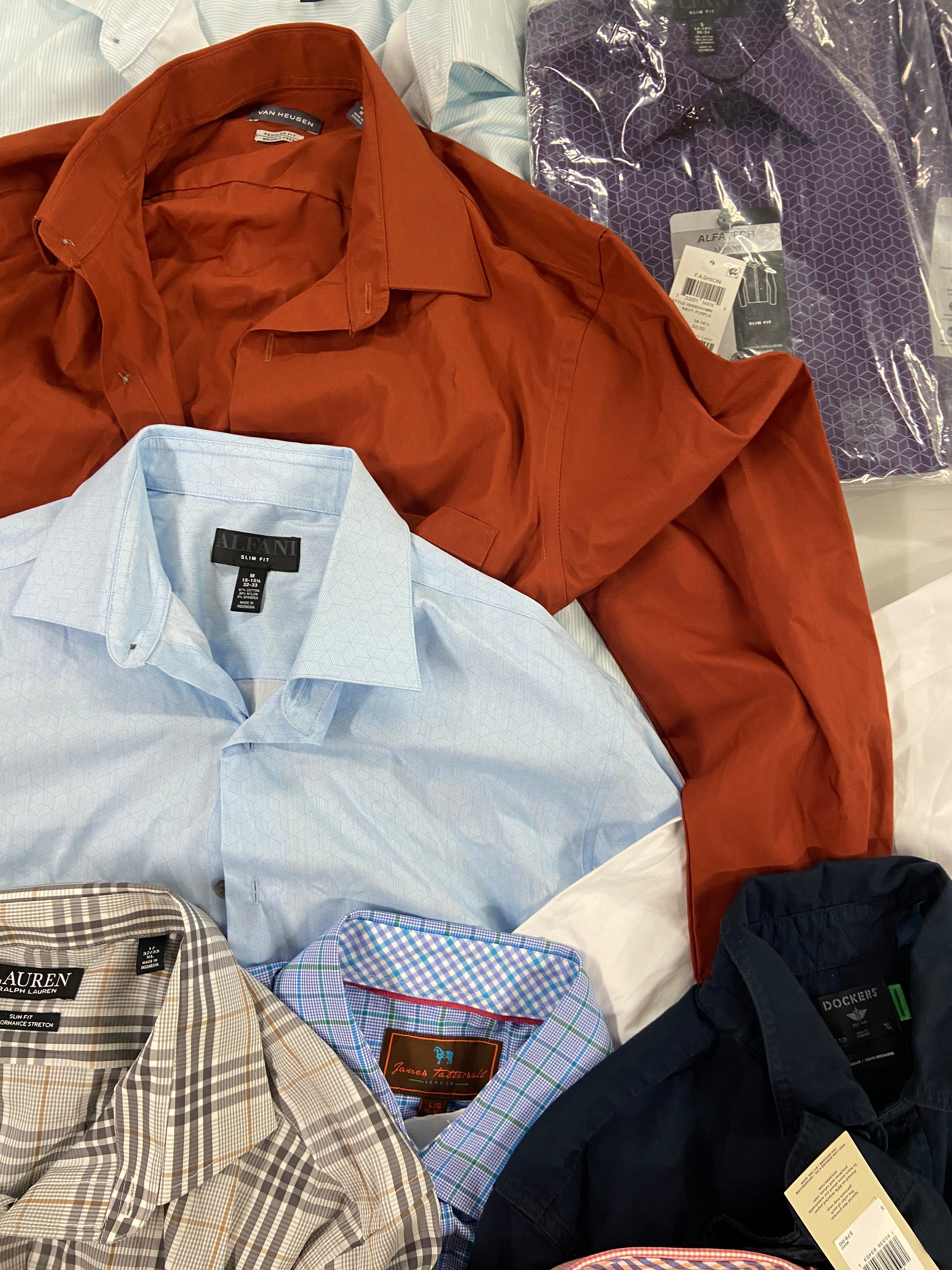 Men's Clothing Dress Shirts Wholesale Lot, LAUREN RALPH LAUREN, DOCKERS, KENZO, JAMES TATTERSAL, VAN HEUSEN and more, 16 items, Shelf Pulls, MSRP $1,003