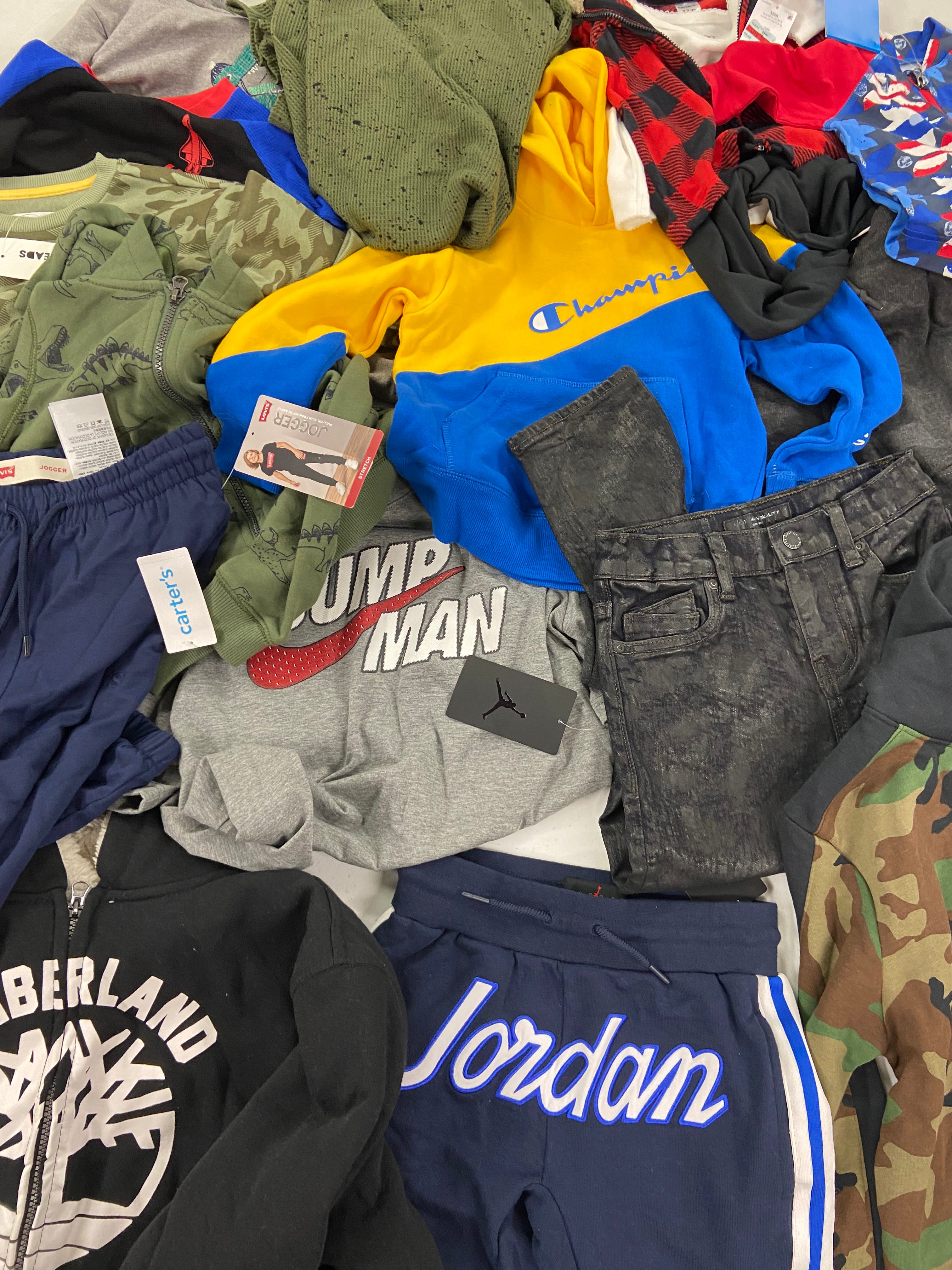 Kid & Baby's Clothing Assorted Wholesale Lot, COLUMBIA, TIMBERLAND, JORDAN, CHAMPION, NIKE,  LEVI'S, CARTER'S and more, 16 items, Shelf Pulls, MSRP $659