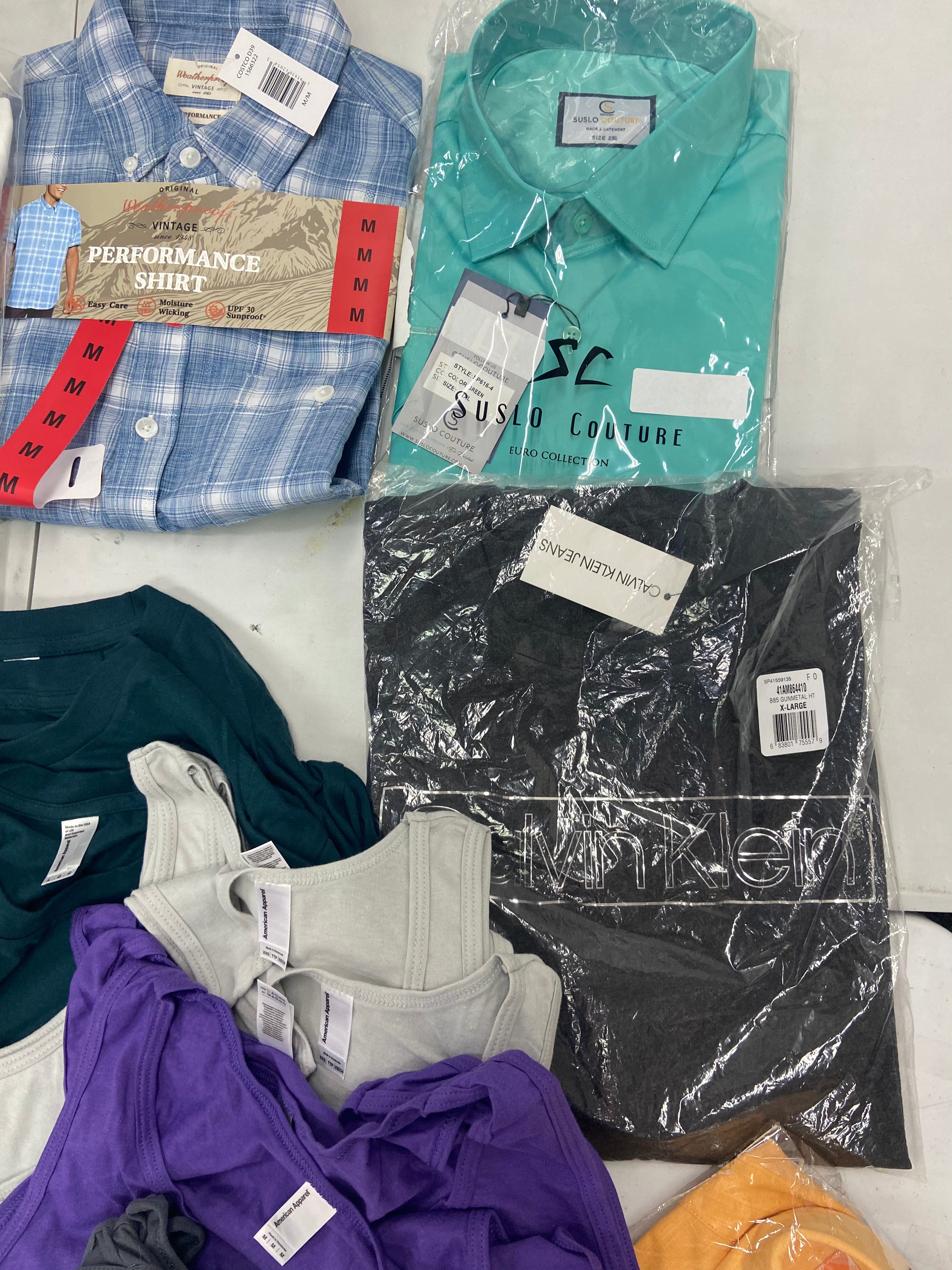 Men's Clothing Button Down Shirts, T-shirts and Other Tops, Wholesale Lot, CALVIN KLEIN, WEATHERPROOF, JACHS, Van Heusen, Suslo Couture and more, 29 items, Shelf Pulls, MSRP $693