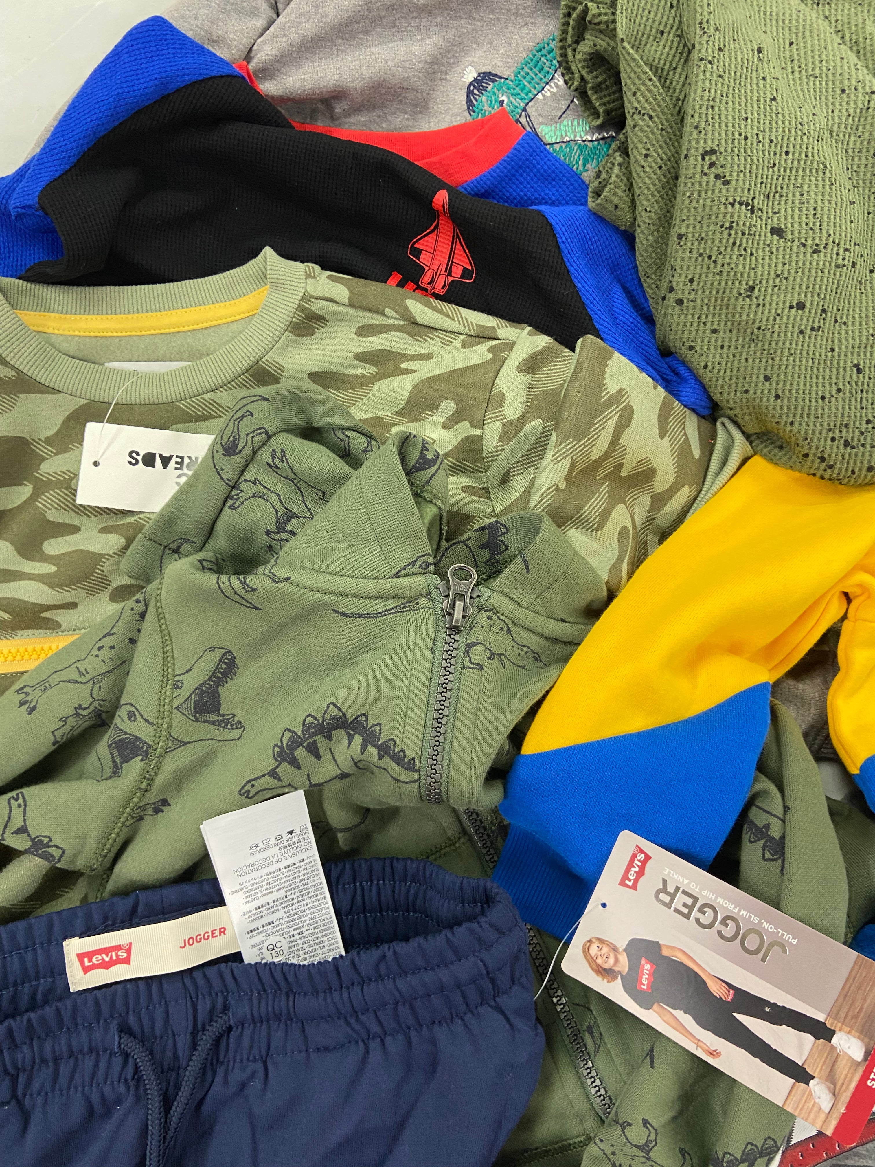 Kid & Baby's Clothing Assorted Wholesale Lot, COLUMBIA, TIMBERLAND, JORDAN, CHAMPION, NIKE,  LEVI'S, CARTER'S and more, 16 items, Shelf Pulls, MSRP $659