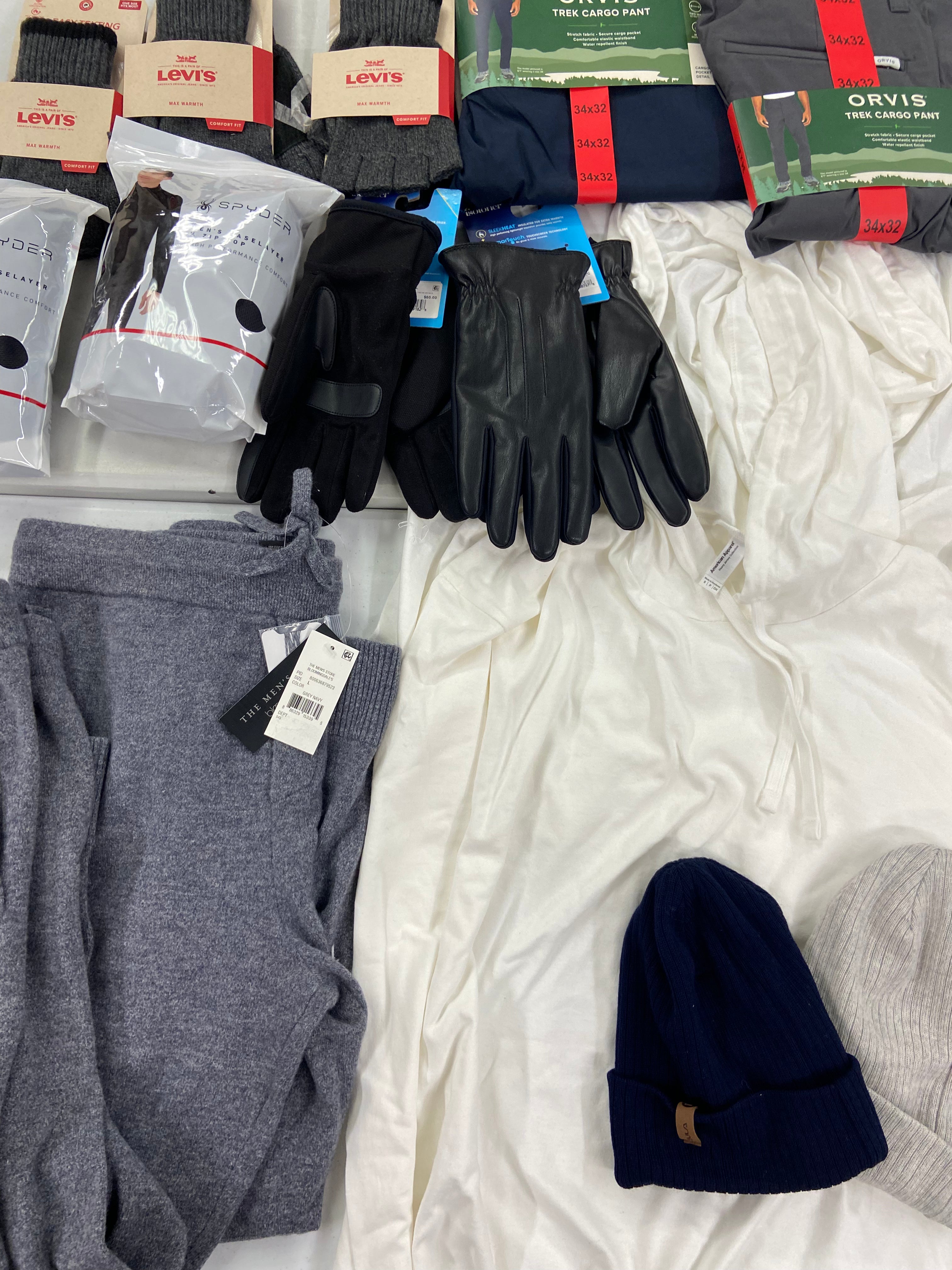 Men's Clothing Assorted Wholesale Lot, SPYDER, LEVI'S, Isotoner, ORVIS, AMERICAN APPAREL  and more, 17 items, Shelf Pulls, MSRP $1,262