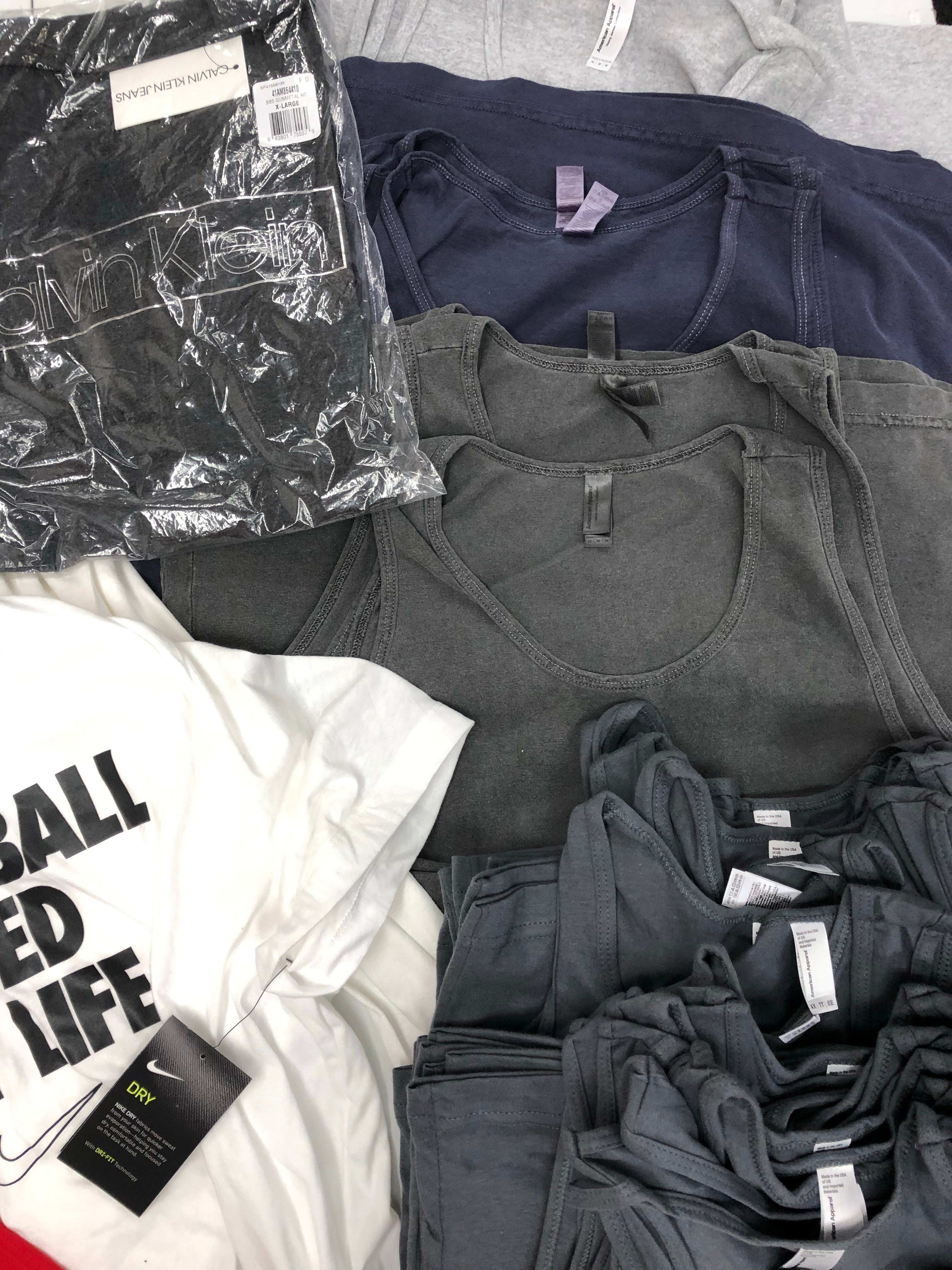 Men's Clothing Tops, T-shirt and more Wholesale Lot, CALVIN KLEIN, NIKE , GUESS, AMERICAN APPAREL, 43 Items, Shelf Pulls, MSRP $1,003