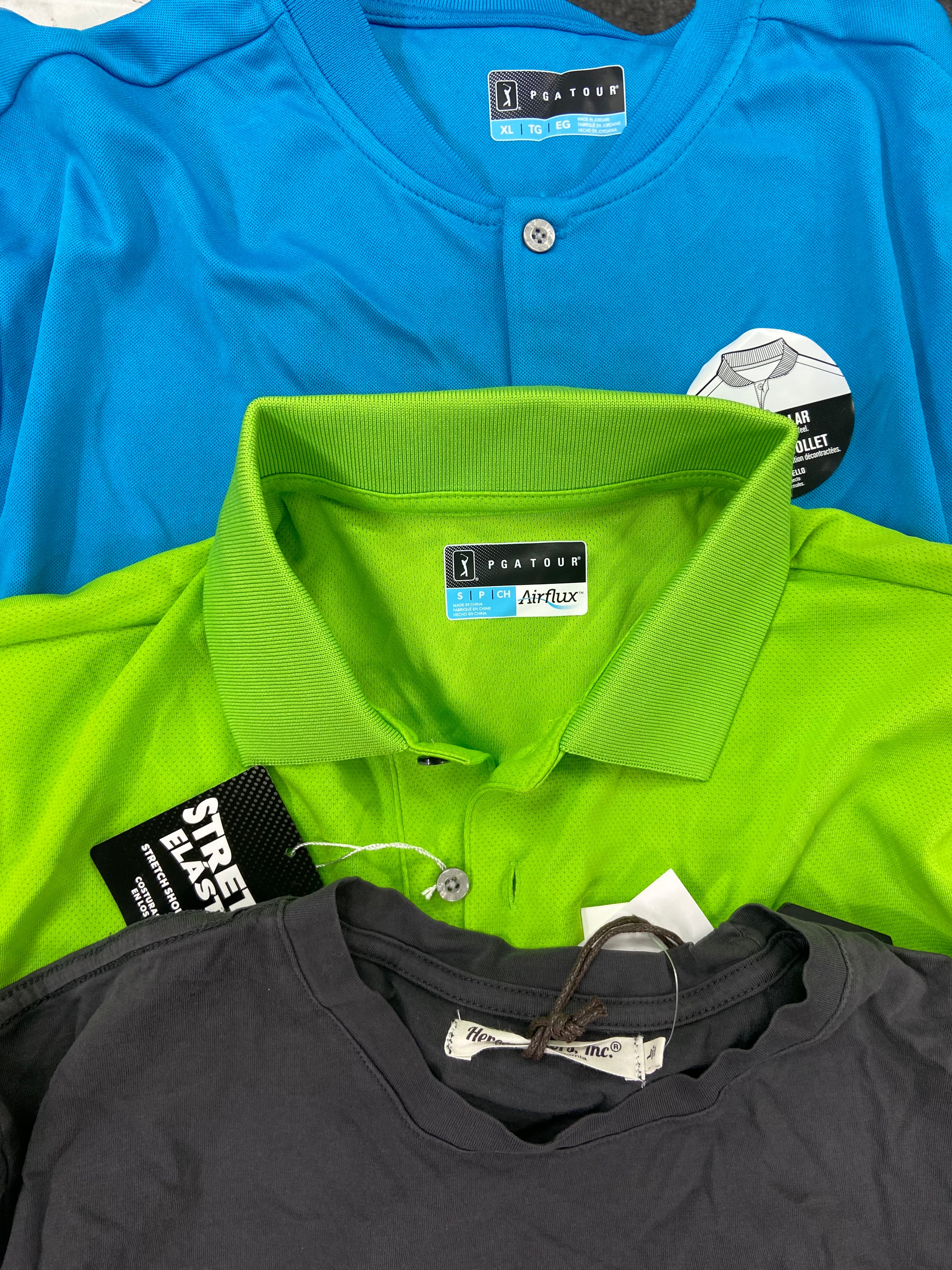 Men's Clothing Golf Shirts & Others Wholesale Lot, ADIDAS, NORTH FACE, PGA TOUR, BASS OUTDOOR, CLUBROOM and more, 17 items, Shelf Pulls, MSRP $808