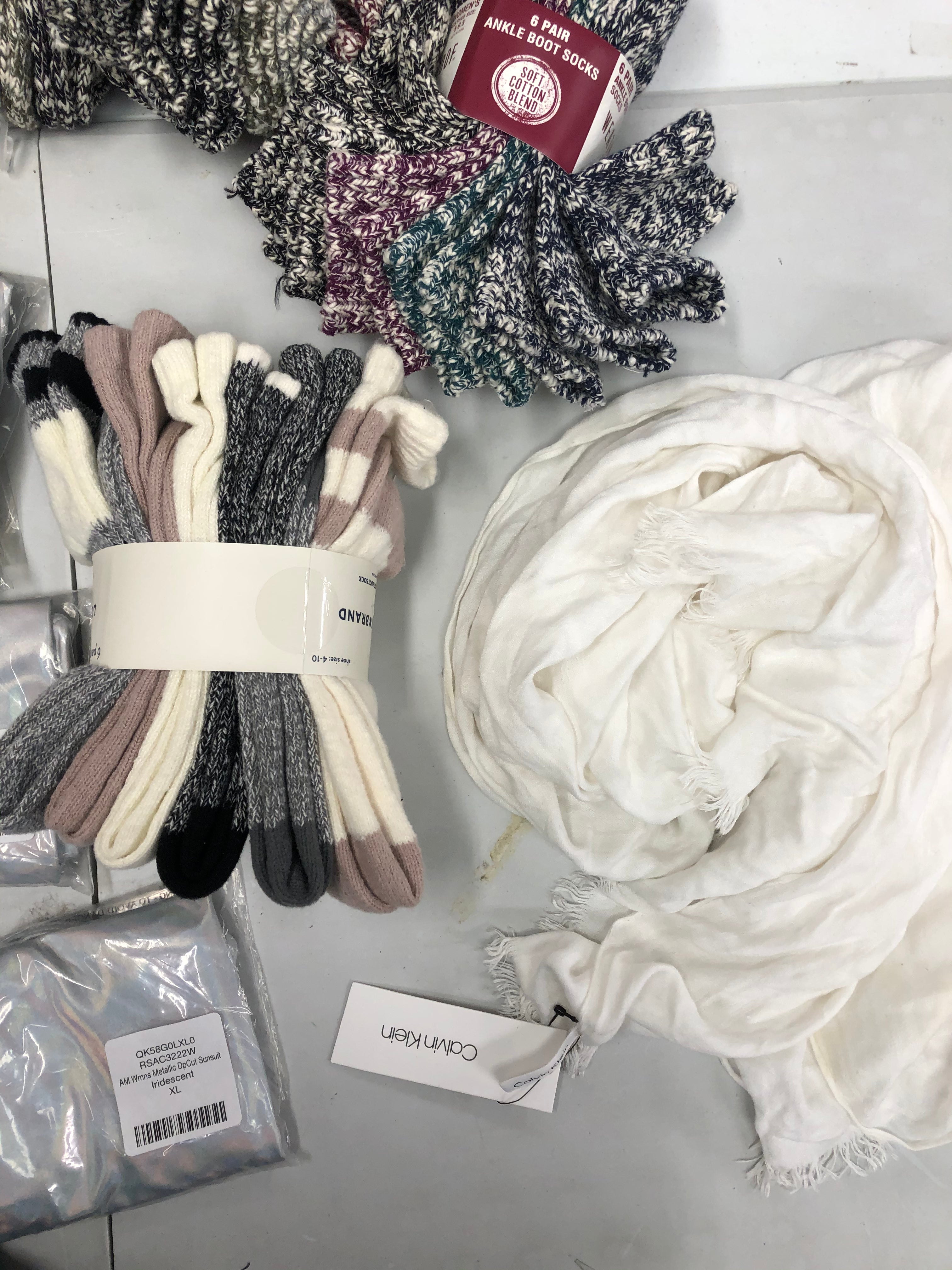 Women's Socks, Bras, Scarf and others Wholesale Lot, ADIDAS, LUCKY BRAND, DKNY, CALVIN KLEIN, and more, 19 items, Shelf Pulls, MSRP $517