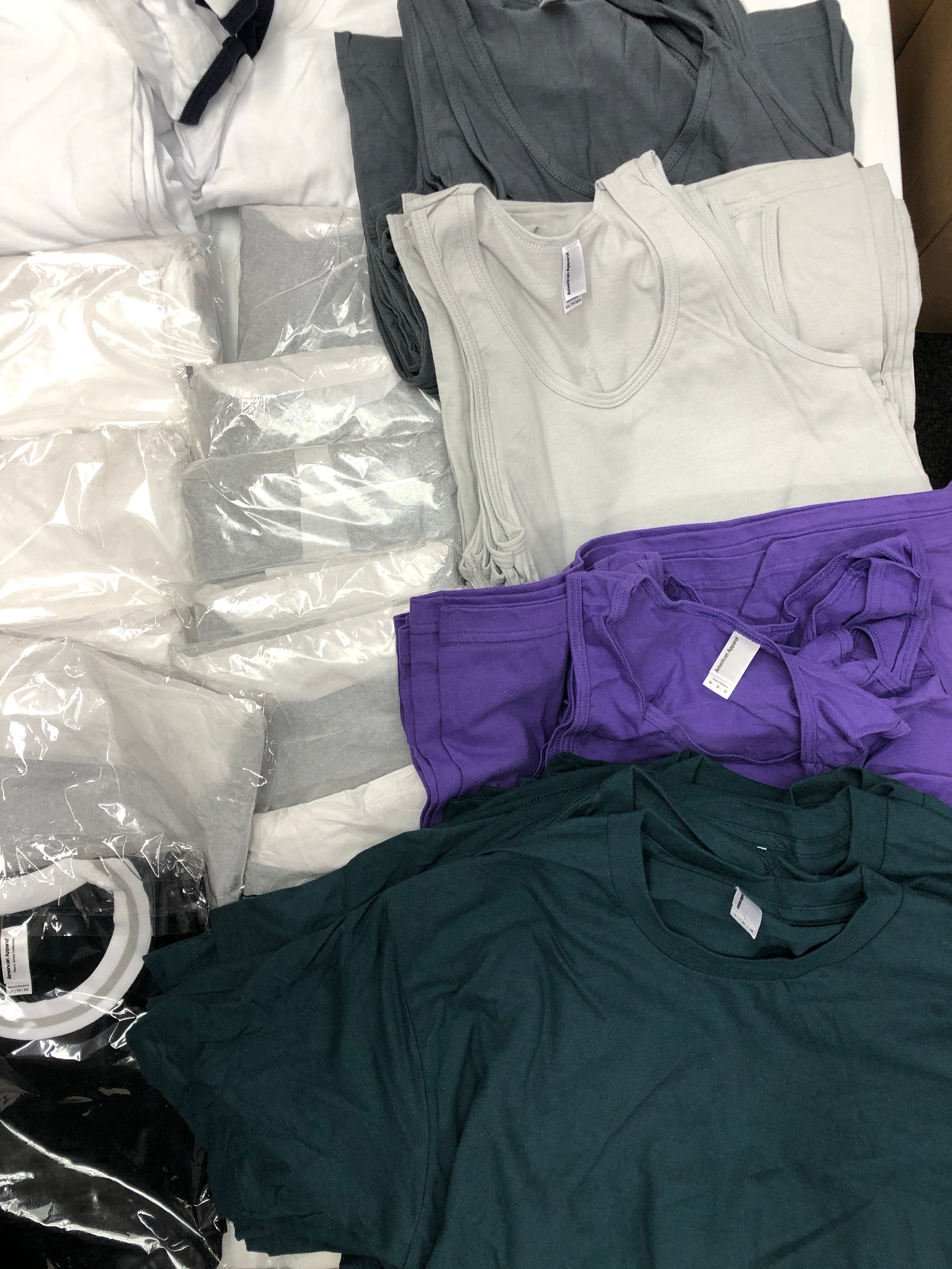 Men's Clothing Tops Short Sleeves & Sleeveless Wholesale Lot, AMERICAN APPAREL ONLY, 89 Items, Shelf Pulls, MSRP $1,704