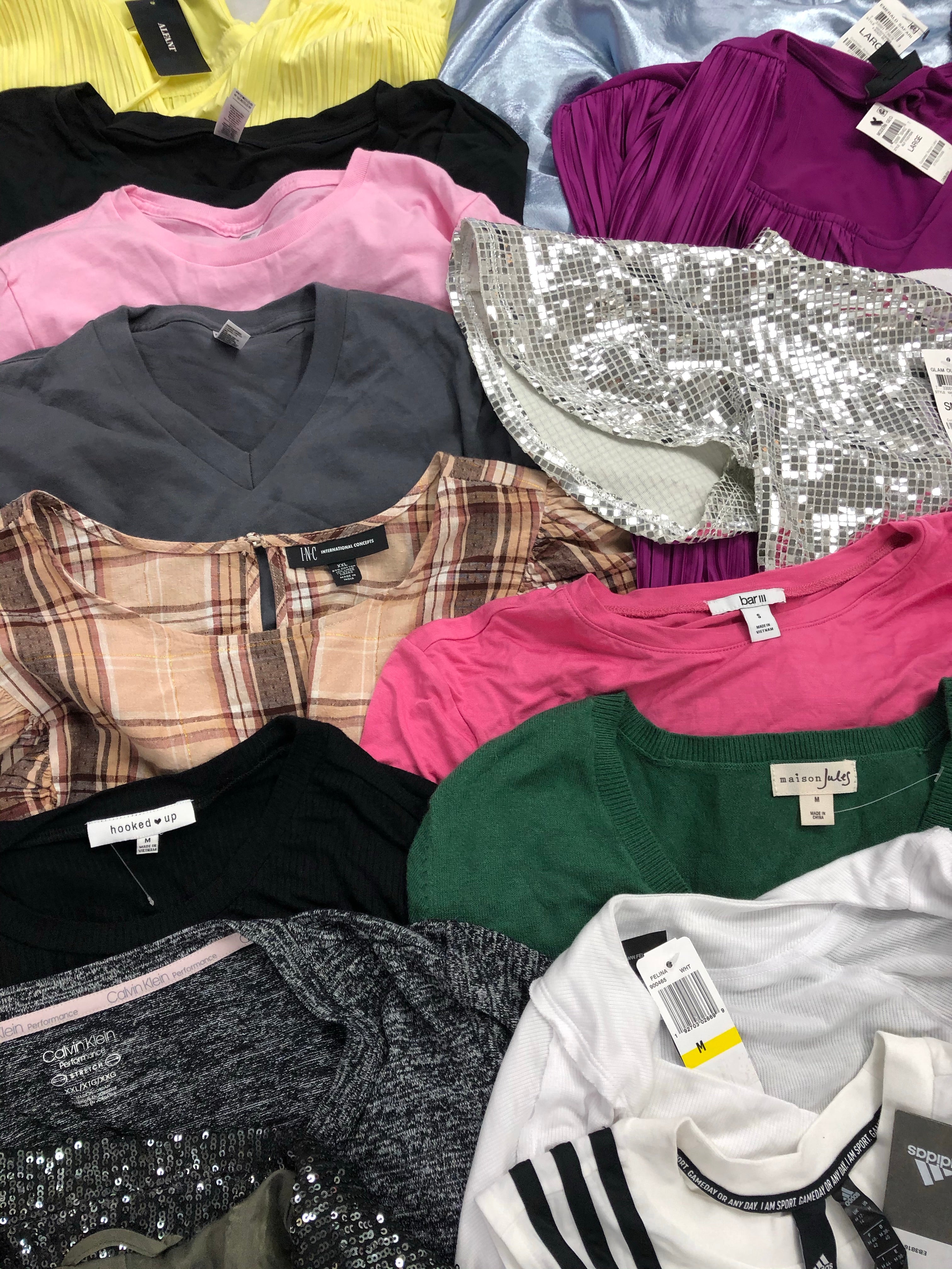 Women's Clothing Tops Wholesale Lot, MICHAEL KORS, CALVIN KLEIN, ADIDAS, FREE PEOPLE, AMERICAN APPAREL, ALFANI and more, 23 items, Shelf Pulls, MSRP $1,181