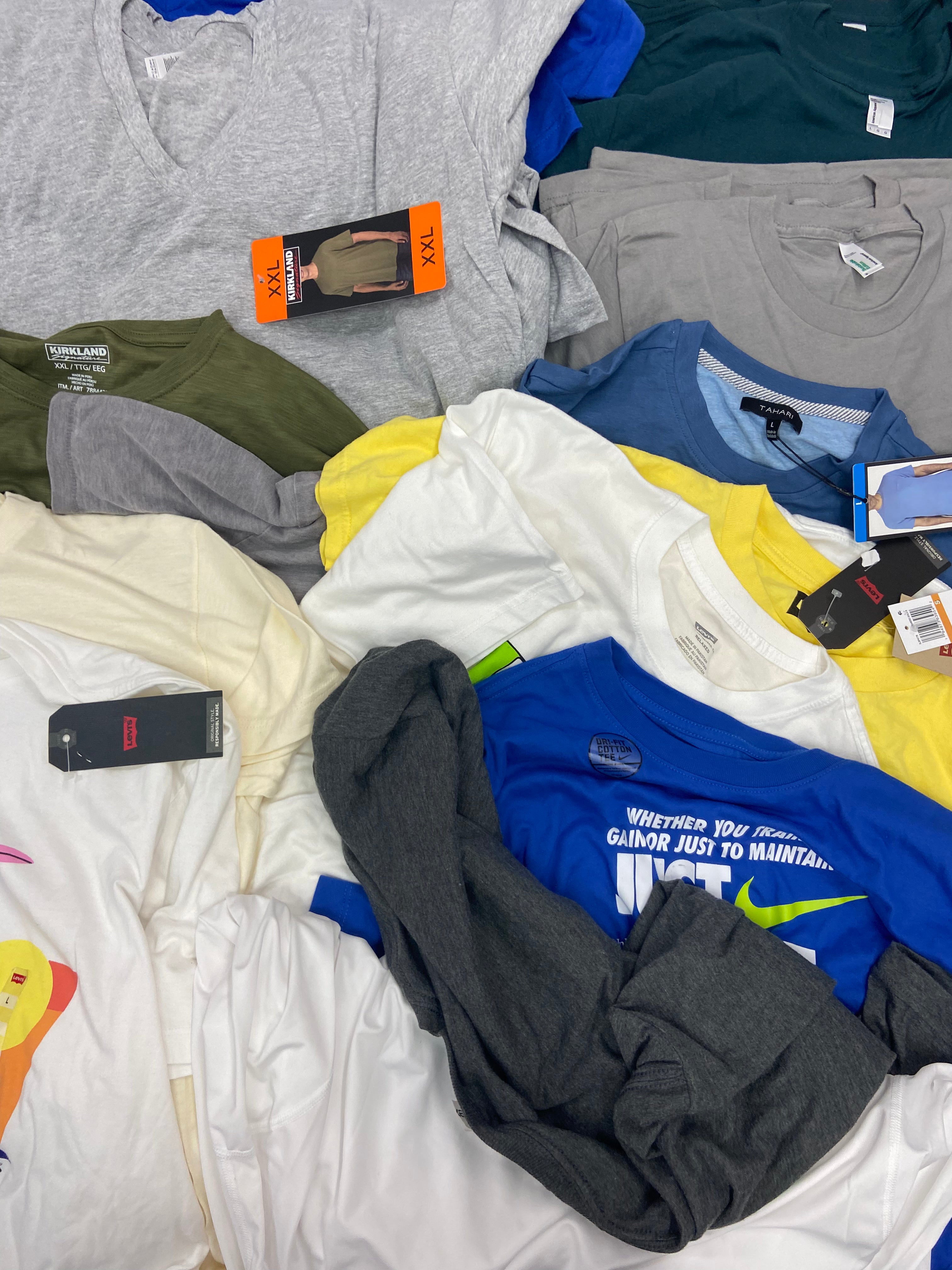 Men's Clothing T-Shirts Wholesale Lot, TAHARI, QUIKSILVER, NIKE, LUCKY BRAND, LEVI'S, KIRKLAND, HURLEY and more, 29 items, Shelf Pulls, MSRP $754