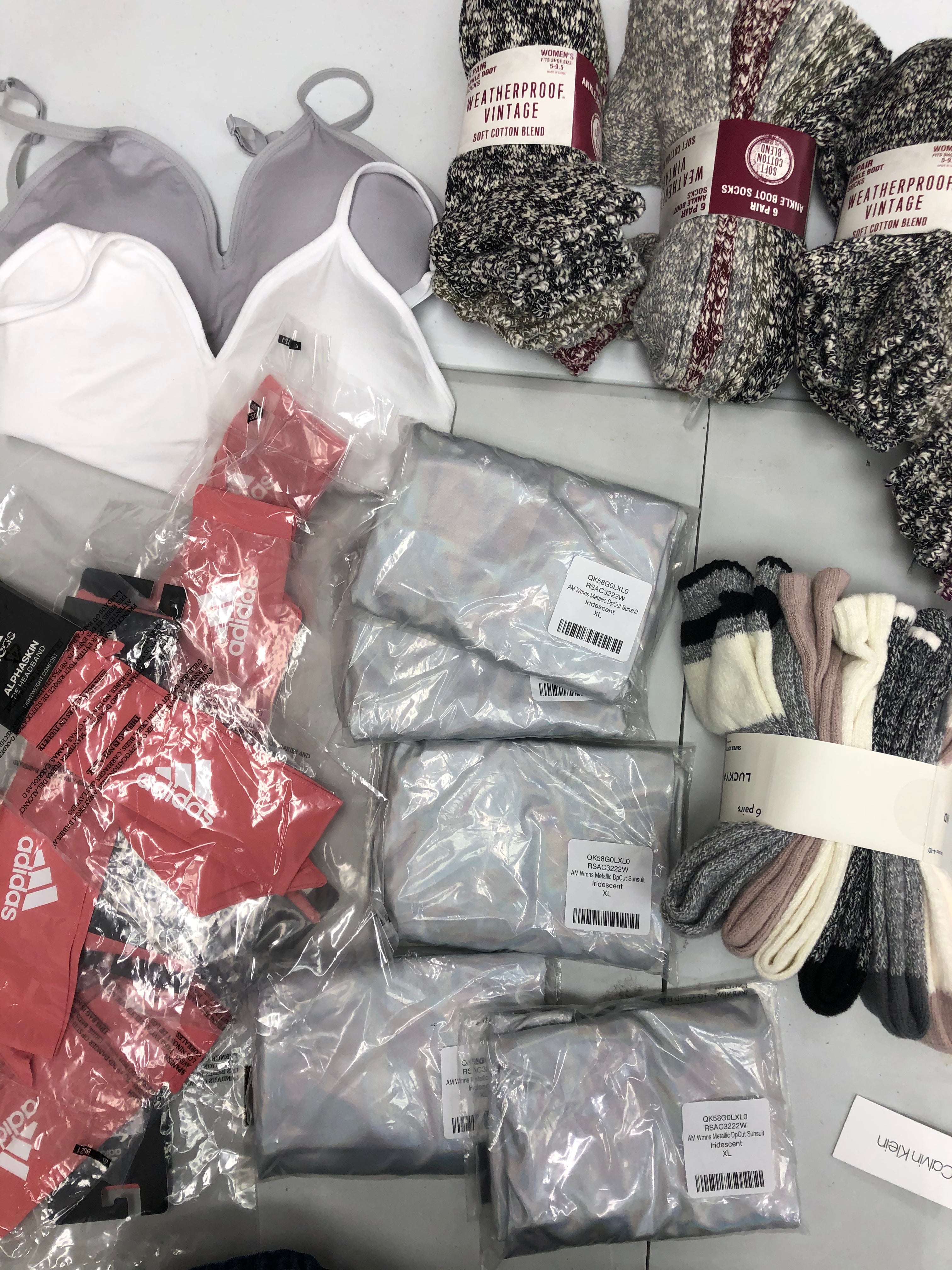 Women's Socks, Bras, Scarf and others Wholesale Lot, ADIDAS, LUCKY BRAND, DKNY, CALVIN KLEIN, and more, 19 items, Shelf Pulls, MSRP $517