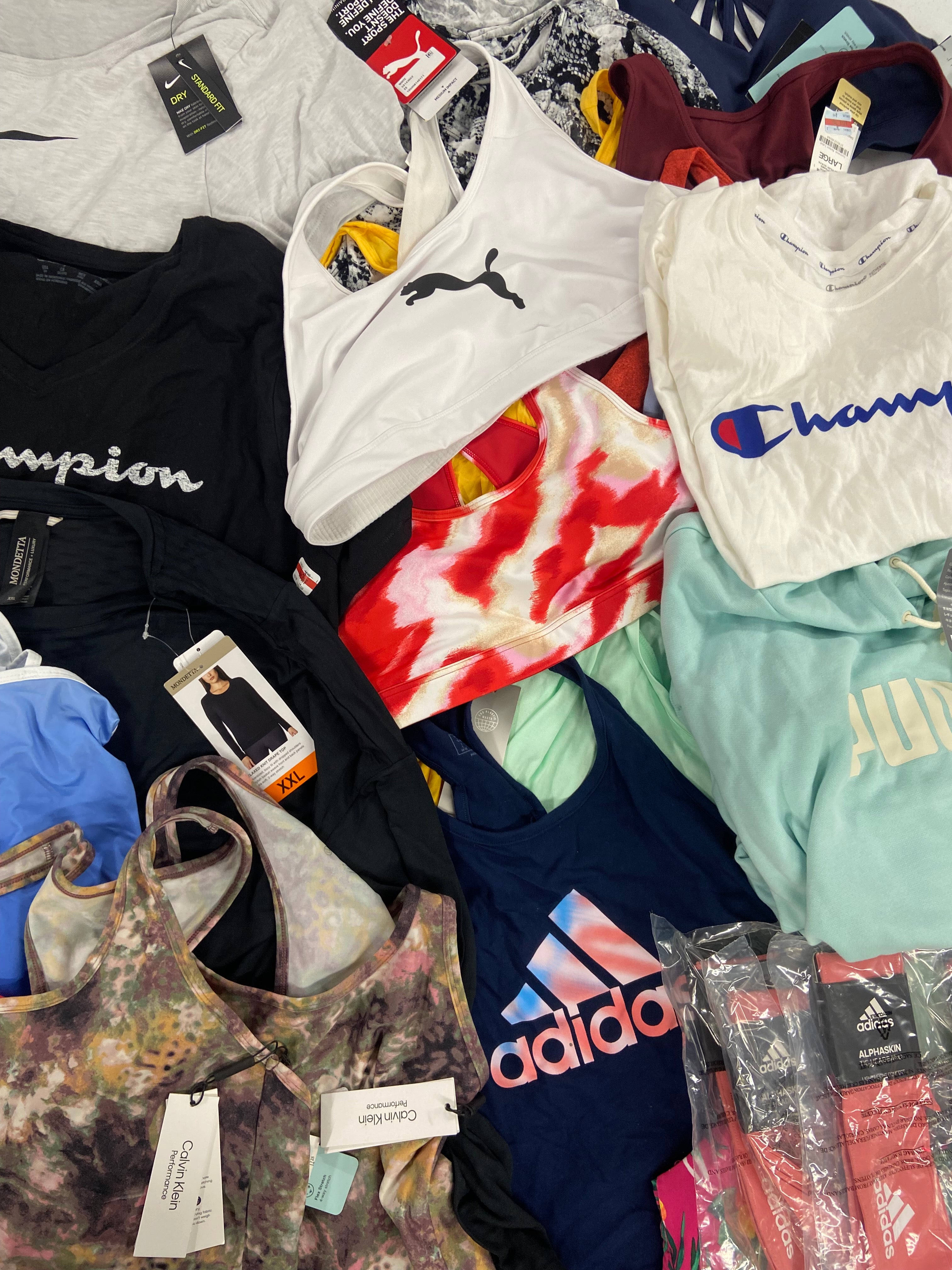 Women's Clothing Activewear Tops & Others, Wholesale Lot, NIKE, PUMA, UNDER ARMOUR, ADIDAS, COTTON ON, CHAMPION, CALVIN KLEIN and more, 26 items, Shelf Pulls, MSRP $684