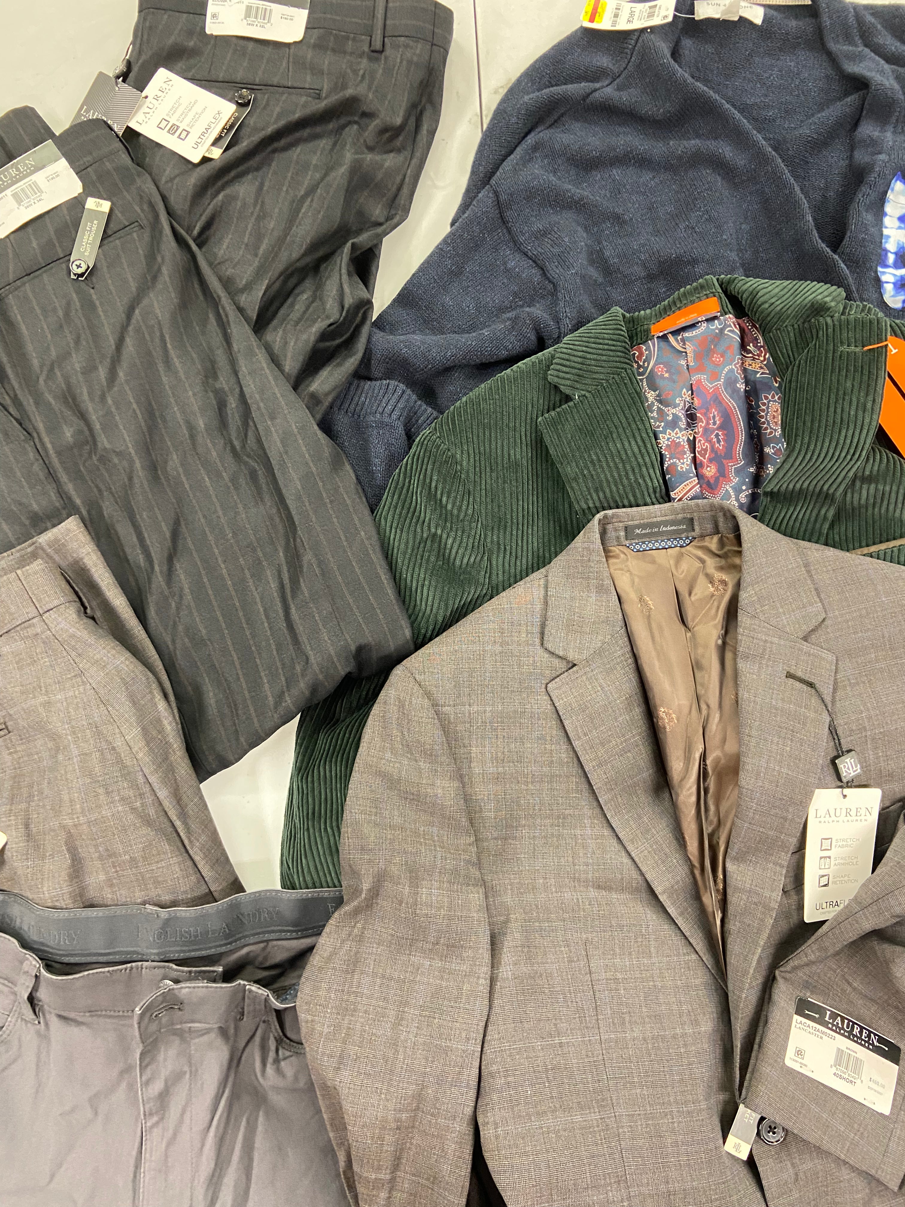 Men's Clothing Suit Separates & Others Wholesale Lot, LAUREN RALPH LAUREN, TALLIA, ENGLISH LAUNDRY, SUN + STONE, 7 items, Shelf Pulls, MSRP $1,445