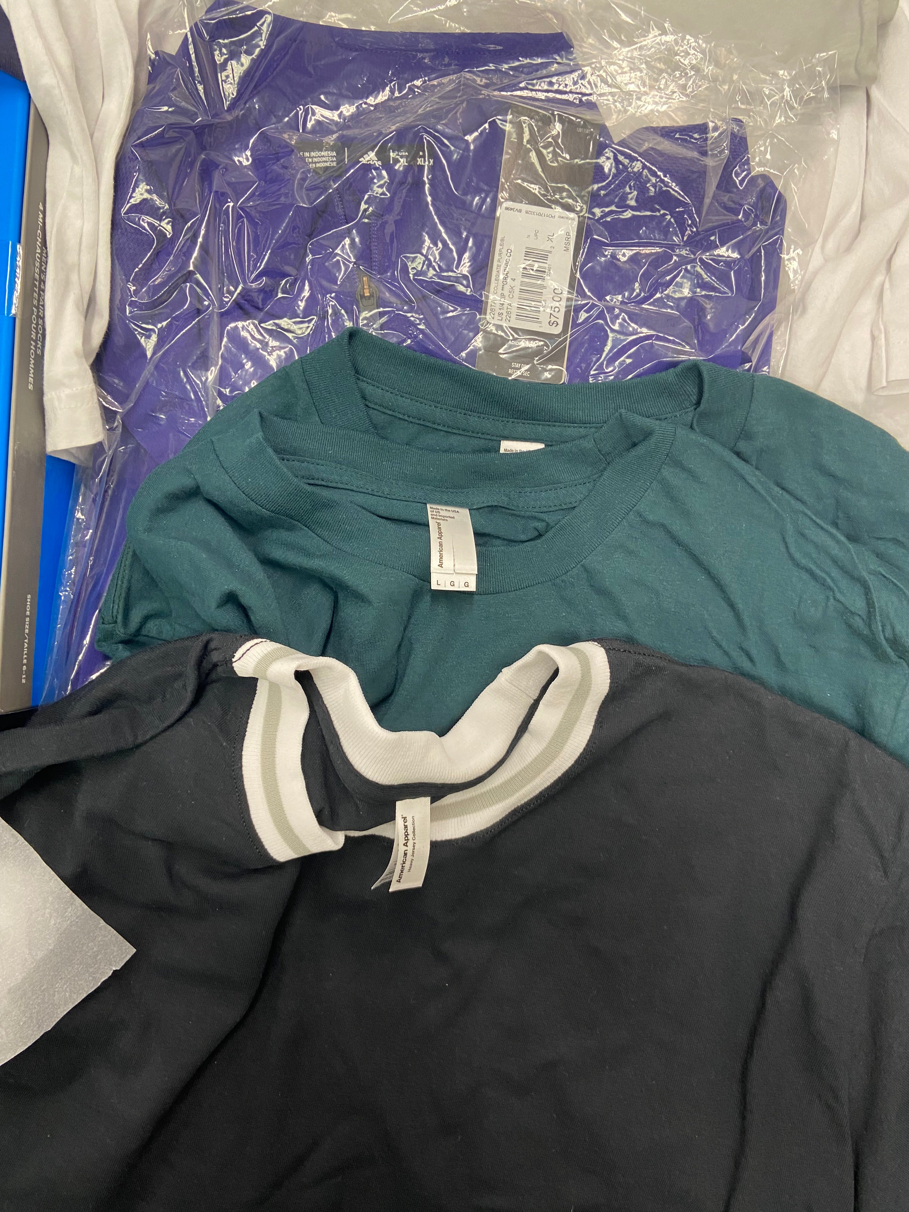 Men's Clothing T-Shirts, Casual Shirts and Others Wholesale Lot, ADIDAS, CALVIN KLEIN, COLUMBIA, AMERICAN APPAREL, 27 items, Shelf Pulls, MSRP $1,038