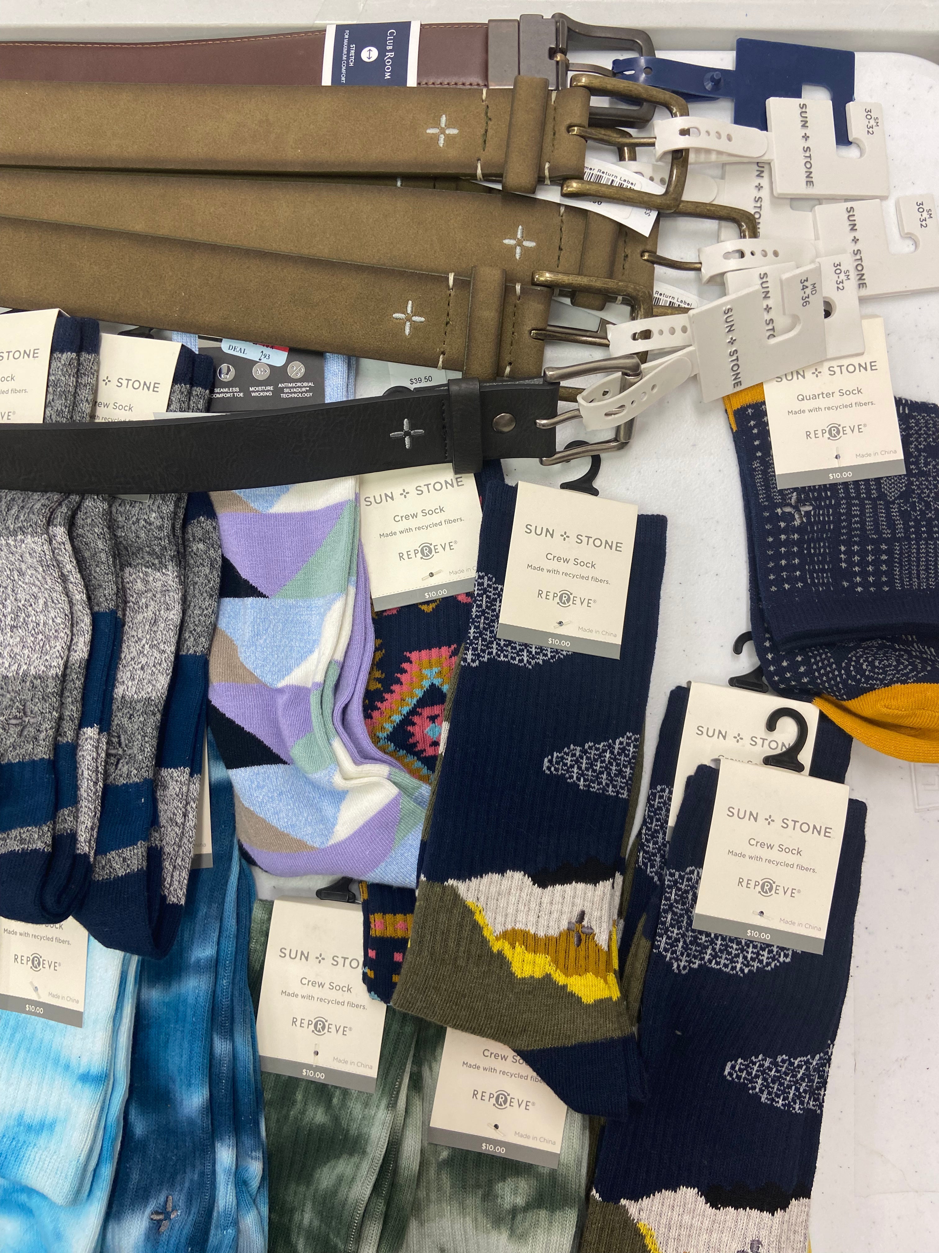 Men's Socks & Belts Wholesale Lot, CLUB ROOM, SUN + STONE and more, 34 items, Shelf Pulls, MSRP $592
