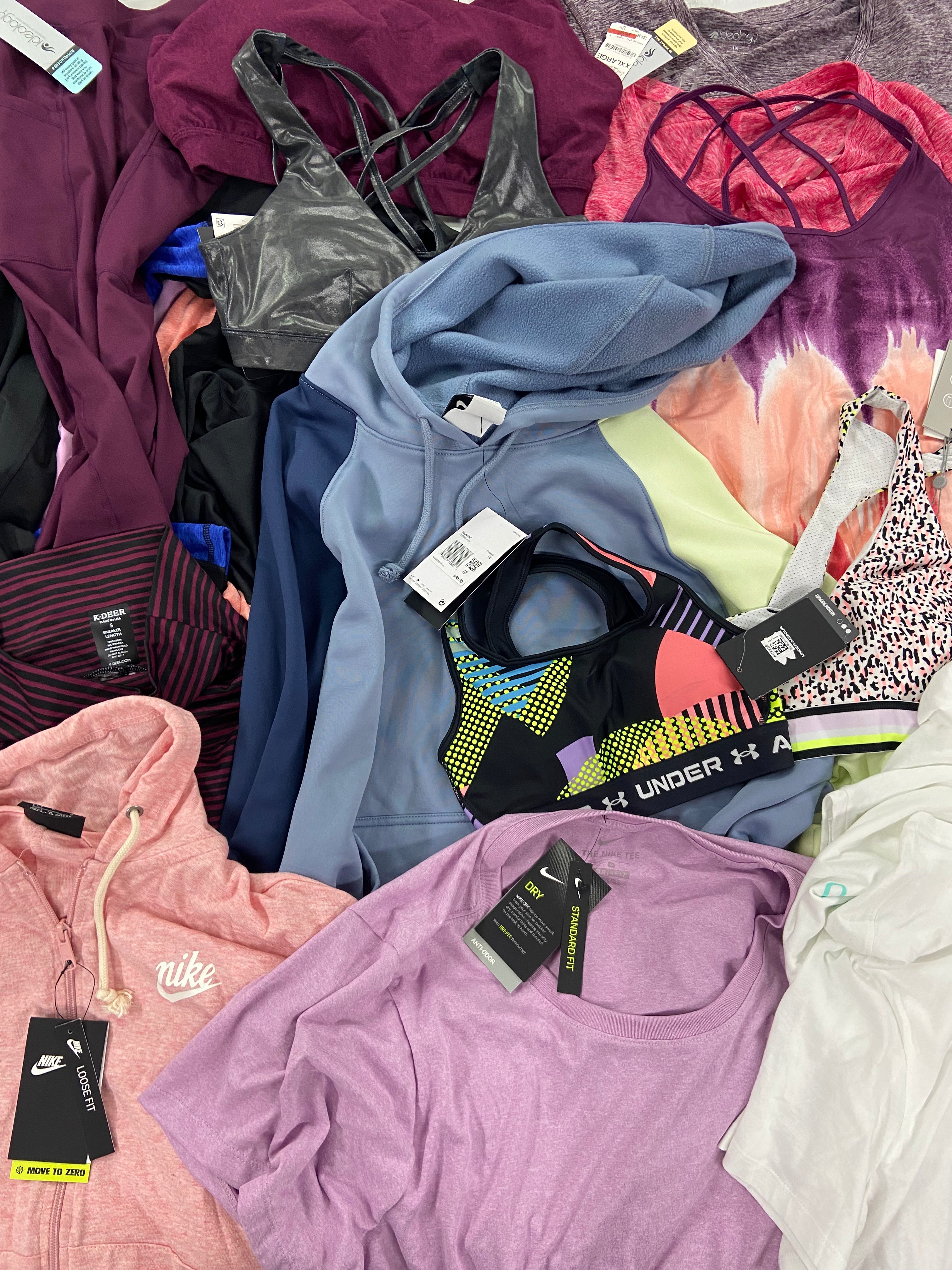 Women's Clothing ACTIVEWEAR Wholesale Lot, NIKE, UNDER ARMOUR, COLUMBIA, DKNY, K-DEER and more, 18 items, Shelf Pulls, MSRP $653