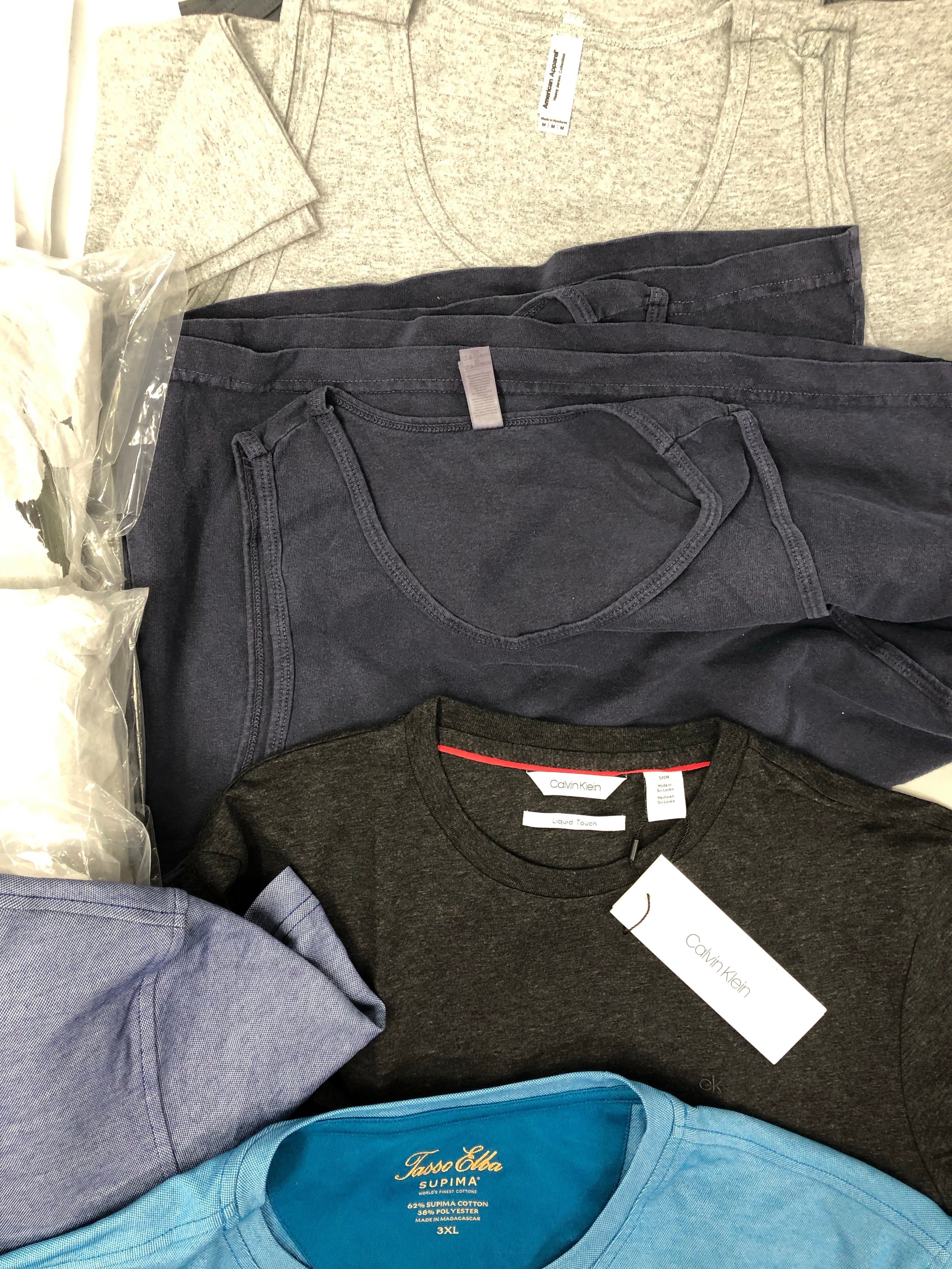 Men's Clothing Tops + Jacket Wholesale Lot, MARC NEW YORK, CALVIN KLEIN, TASSO ELBA, AMERICAN APPAREL, 39 items, Shelf Pulls, MSRP $1,103