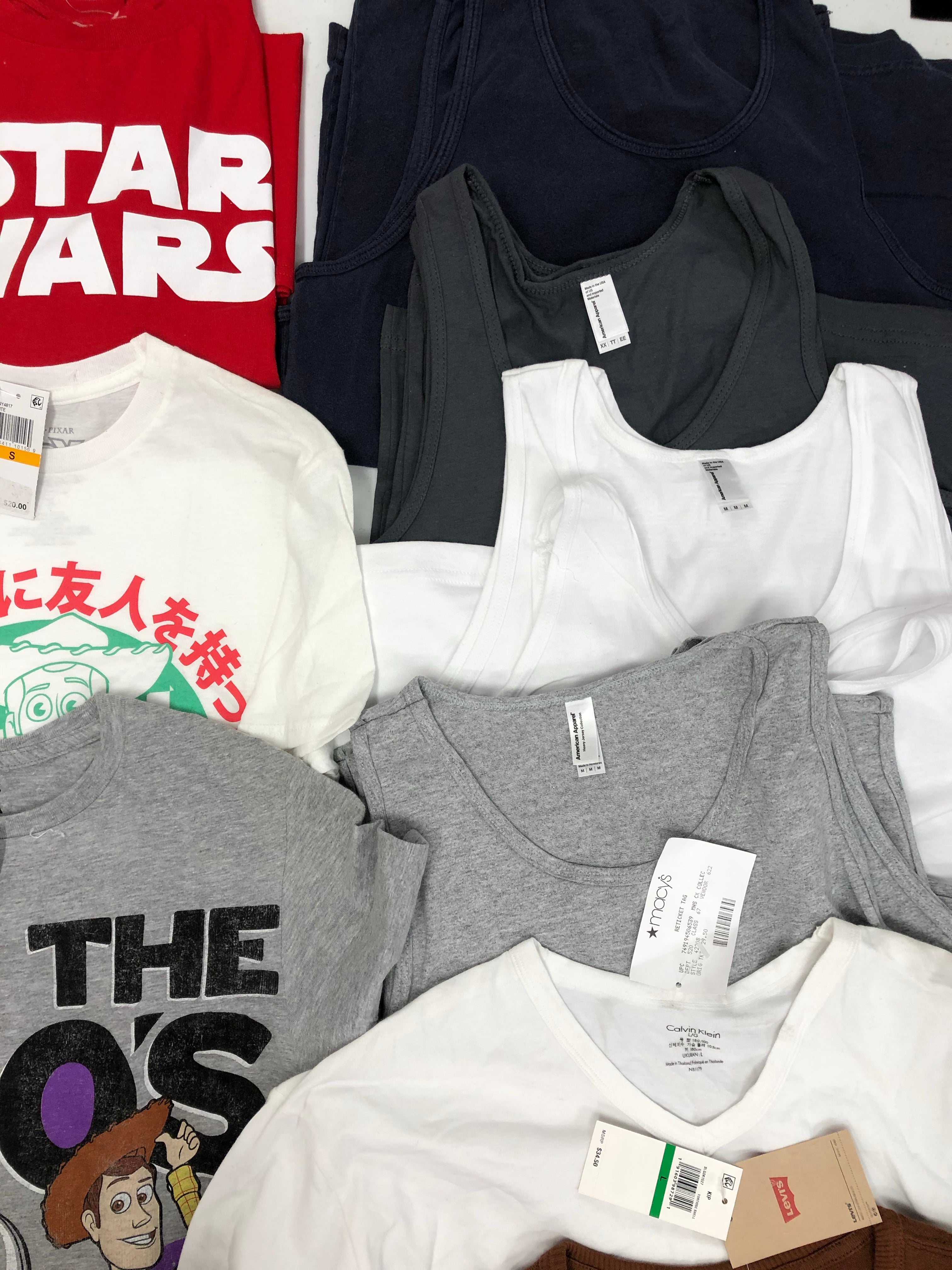 Men's Clothing Tops, Character T-Shirts and more, Wholesale Lot, LEVI'S, CALVIN KLEIN, TASSO ELBA, DISNEY, AMERICAN APPAREL and more, 29 items, Shelf Pulls, MSRP $671