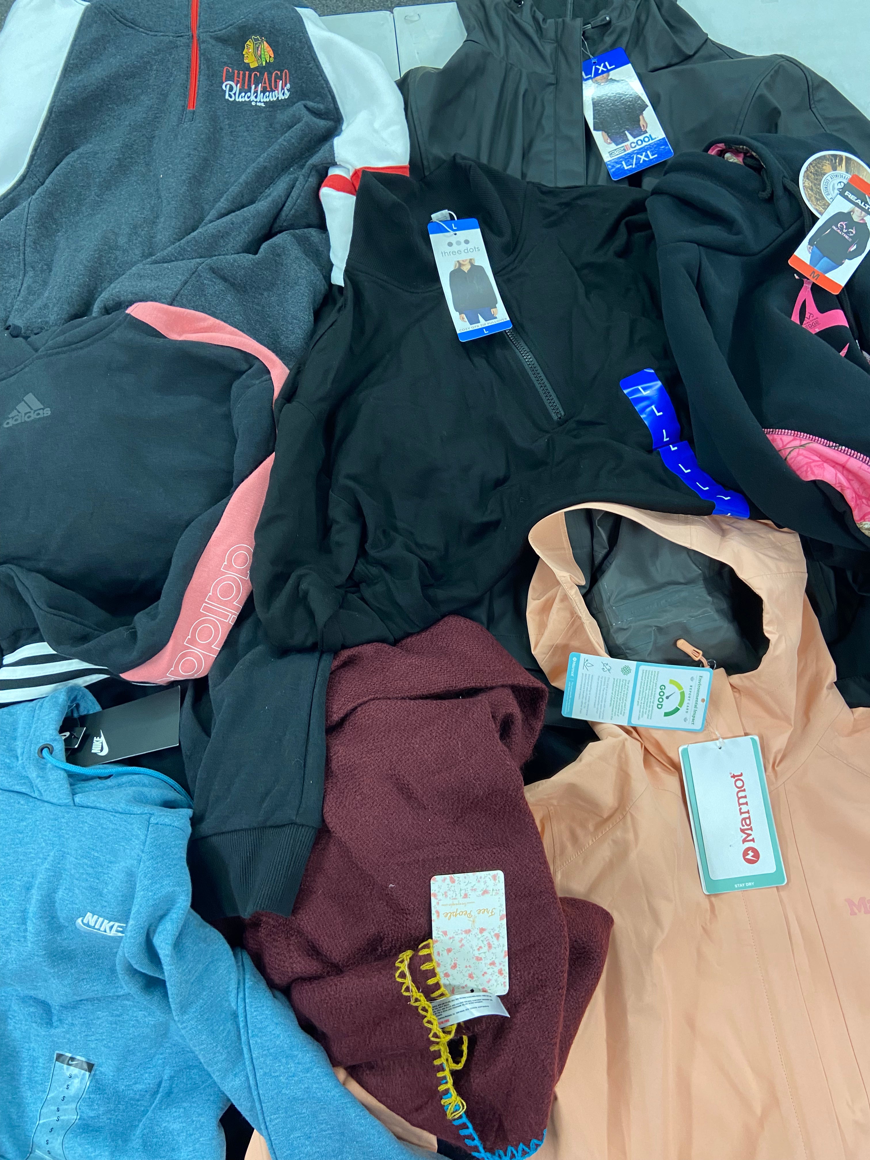 Women's Clothing Tops Wholesale Lot, MARMOT, NIKE, FREE PEOPLE, ADIDAS, THREE DOTS, 32 DEGREES and more, 10 items, Shelf Pulls, MSRP $667