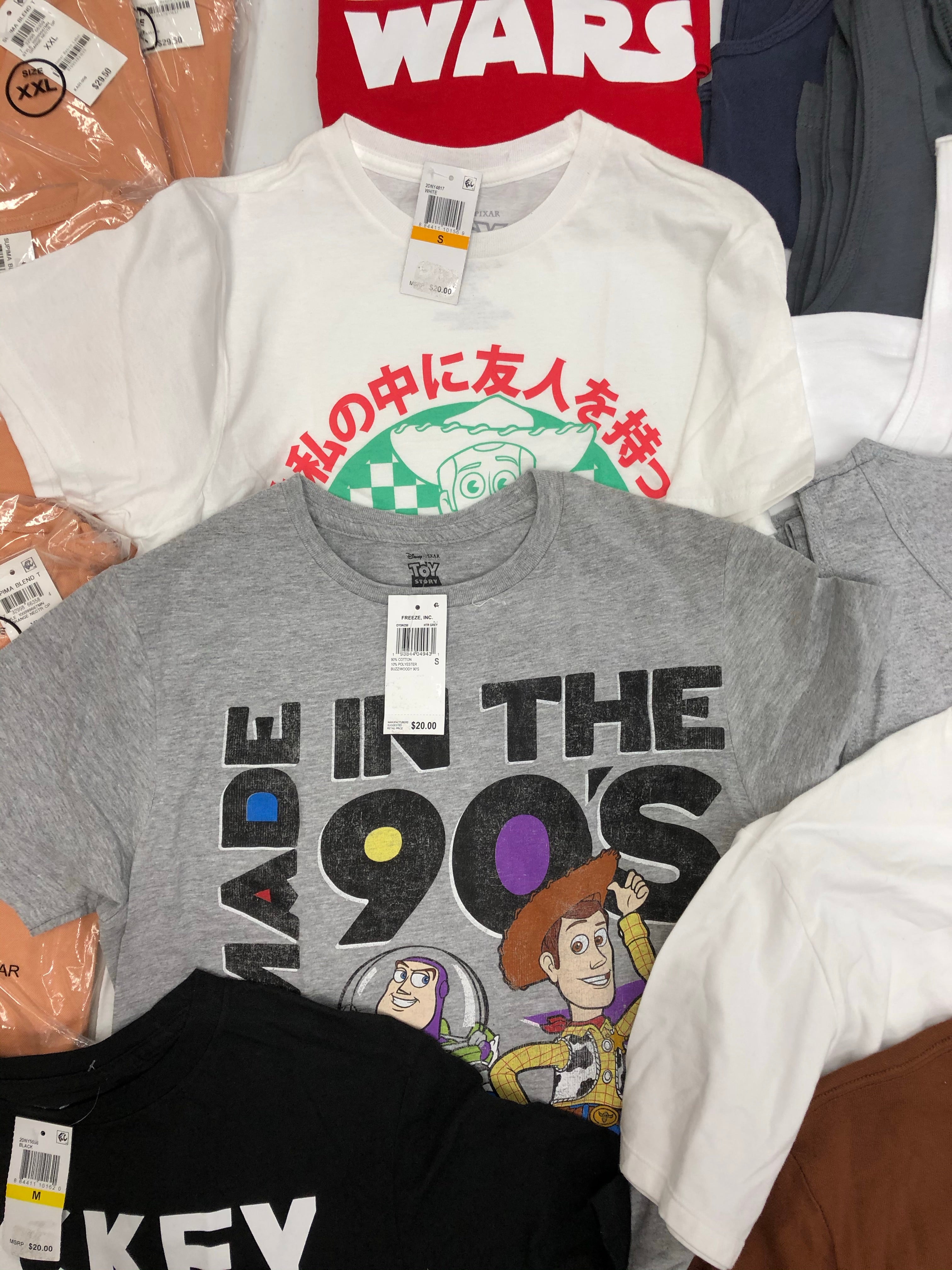 Men's Clothing Tops, Character T-Shirts and more, Wholesale Lot, LEVI'S, CALVIN KLEIN, TASSO ELBA, DISNEY, AMERICAN APPAREL and more, 29 items, Shelf Pulls, MSRP $671