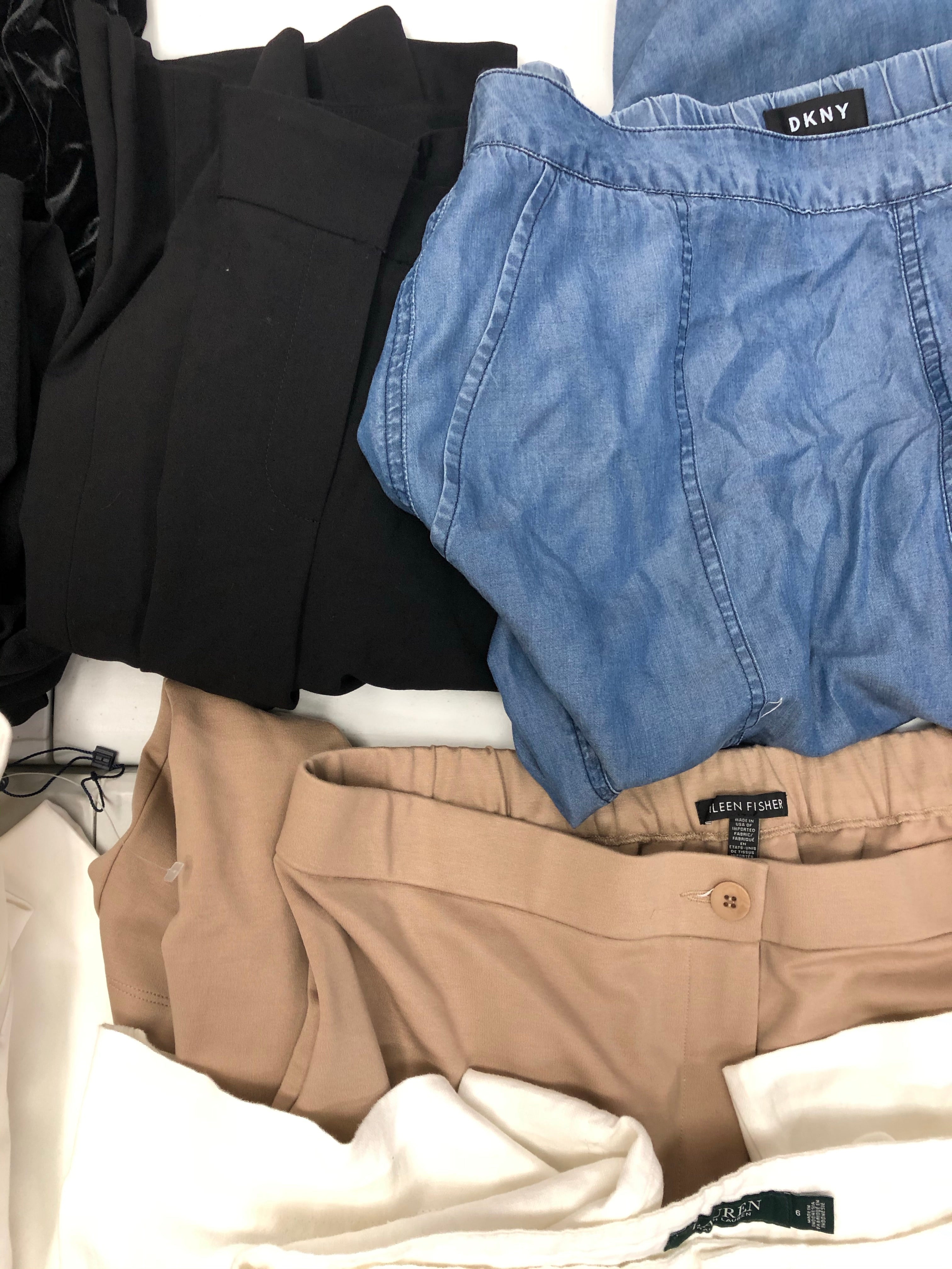 Women's Clothing Bottom Pants Wholesale Lot, LAUREN RALPH LAUREN, TOMMY HILFIGER, CALVIN KLEIN, DKNY, EILEEN FISHER, INC and more, 18 Units, Shelf Pulls, MSRP $1,347
