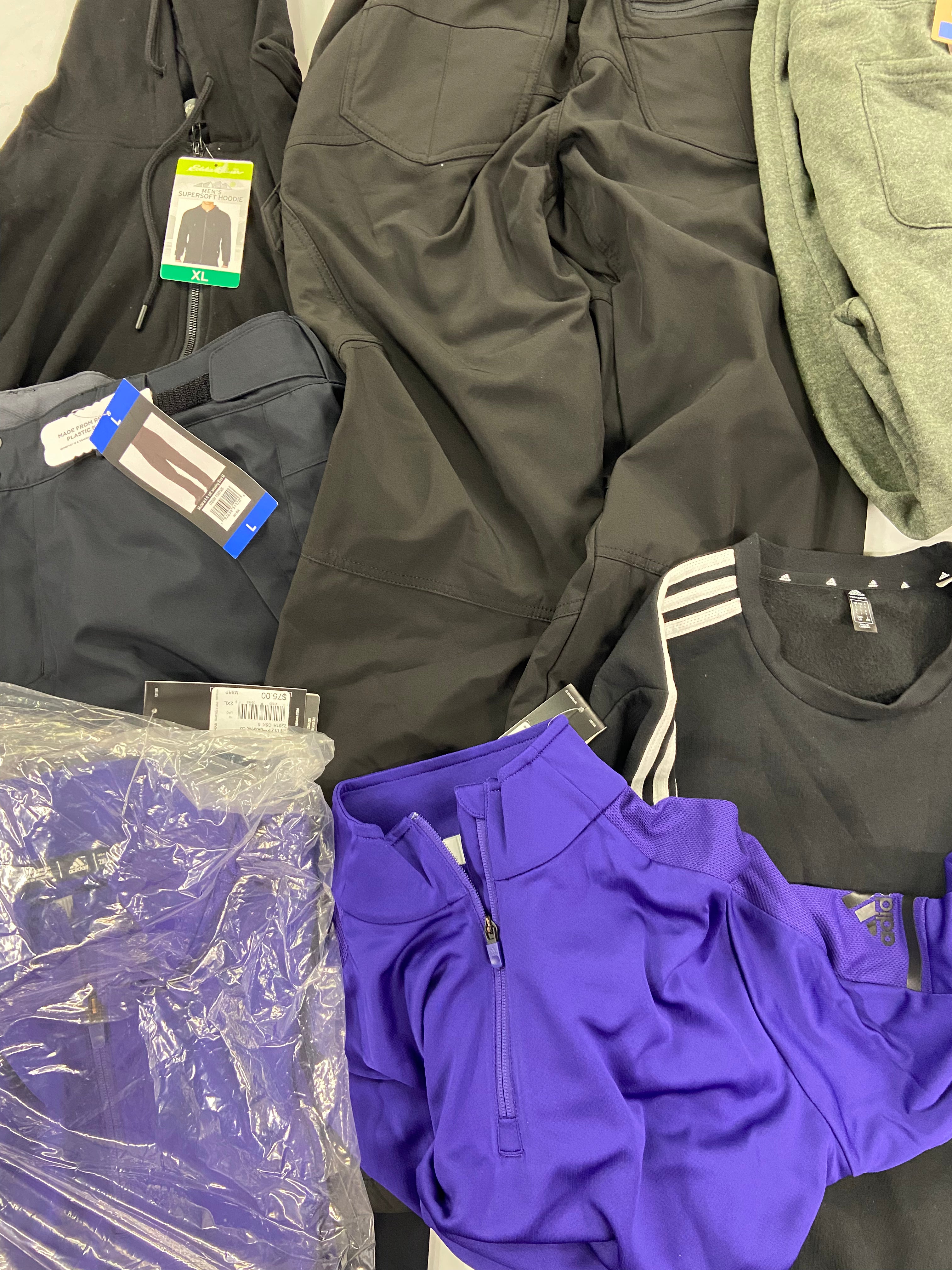 Men's Clothing Assorted Wholesale Lot, ADIDAS, EDDIE BAUER, SPYDER, GERRY, WEATHERPROOF, 7 items, Shelf Pulls, MSRP $580