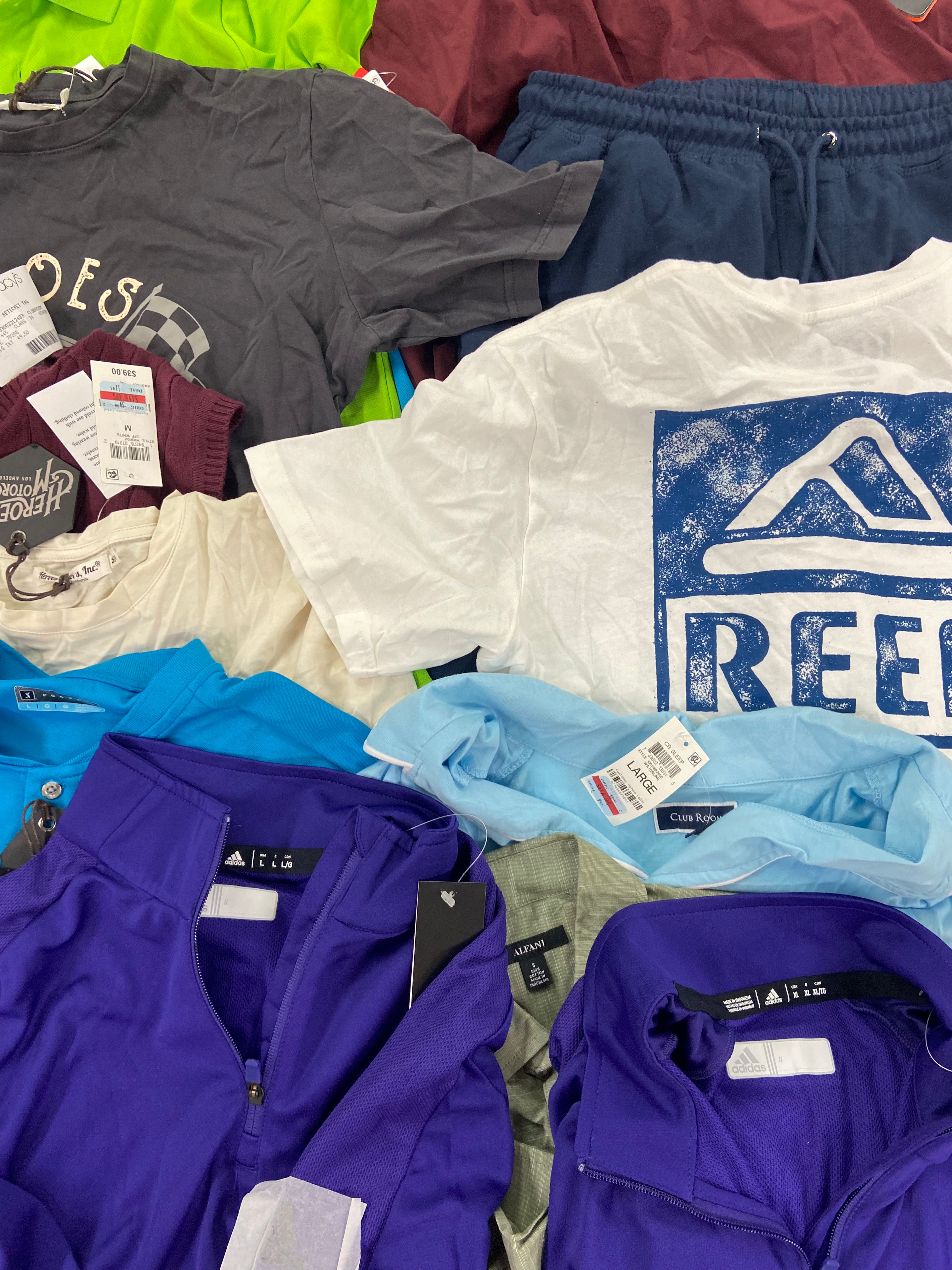 Men's Clothing Golf Shirts & Others Wholesale Lot, ADIDAS, NORTH FACE, PGA TOUR, BASS OUTDOOR, CLUBROOM and more, 17 items, Shelf Pulls, MSRP $808