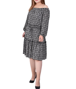 NY Collection 3/4 Sleeve Off-The-Shoulder Crepon Dress Plus Size 1X Black