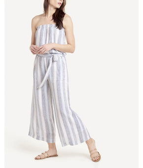 Splendid Women Linen Belted Wide Leg Jumpsuit Gray Blue Stripe Size L MSRP $188