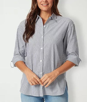 Gloria Vanderbilt Womens Petite Amanda Cotton Shirt Marine Navy Size PL