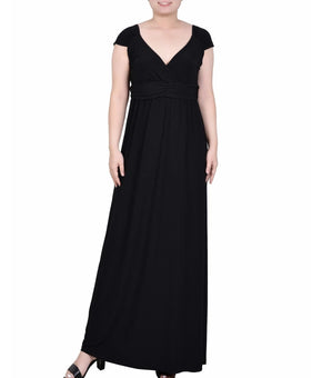 NY Collection Petite Ruched Empire-Waist Maxi Dress Black Size PM MSRP $58