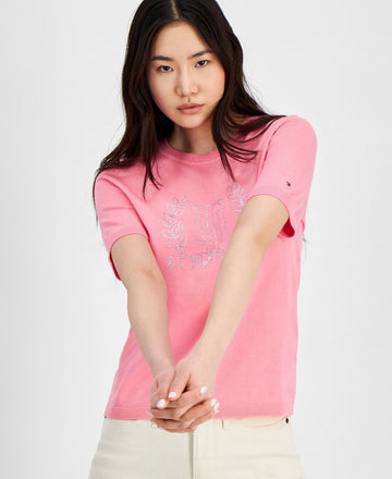 Tommy Hilfiger Women's Embellished Short-Sleeve Sweater Pink Size XS MSRP $60
