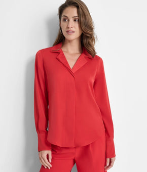 DKNY Petite Notched Collar Long-Sleeve Shirt Red Size PM MSRP $79