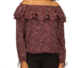 Michael Kors Women's Pop Paisley Off-The-Shoulder Top Burgundy Red Size XS $88