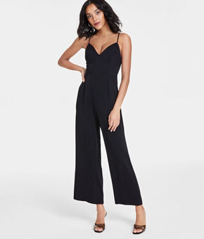Bar III Petite Smocked-Back Wide-Leg Jumpsuit Black Size 0P MSRP $60