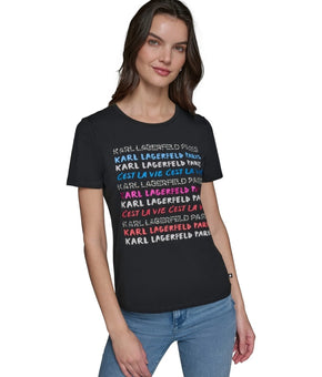 KARL LAGERFELD PARIS Women's Logo Graphic-Print Tee Black Size S MSRP $59
