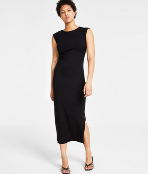 Bar III Petite Side-Ruched Midi Dress Black Size PL