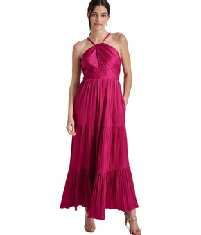 DKNY Women's Sleeveless Tiered Pleated Halter-Neck Dress Size 16 Pink MSRP $149