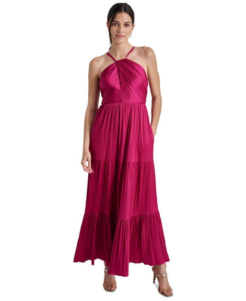 DKNY Women's Sleeveless Tiered Pleated Halter-Neck Dress Size 14 Pink MSRP $149