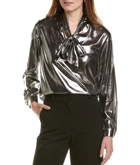 Anne Klein womens Tie Neck Blouse, Size S MSRP $89, Grey