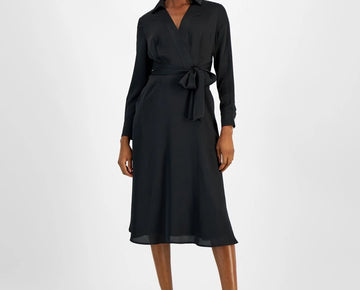 Tahari ASL Women's Collared Waist-Tie Midi Dress Black Size 10 MSRP $149