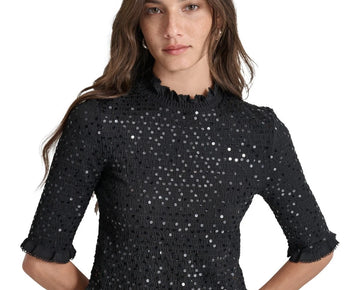 DKNY Jeans Women's Sequin Smocked Elbow-Sleeve Top Black Size S MSRP $89