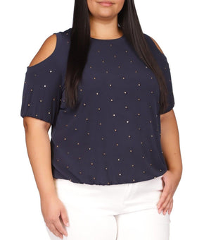 Michael Kors Plus Size 1X Cold-Shoulder Dot-Embellished Top Navy Blue MSRP $110