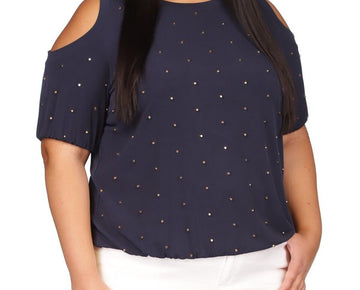 Michael Kors Plus Size 1X Cold-Shoulder Dot-Embellished Top Navy Blue MSRP $110