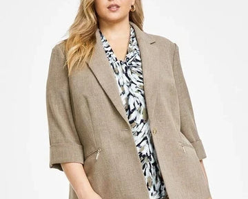 Kasper Women Zip-Pocket One-Button Blazer Cypress Grey Taupe Plus SZ 18W $129