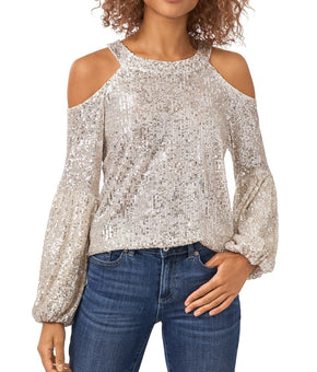 CECE Womens Beige Cold Shoulder Sequined Keyhole Balloon Sleeve Blouse Size XS