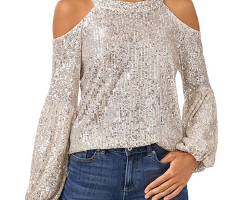 CECE Womens Beige Cold Shoulder Sequined Keyhole Balloon Sleeve Blouse Size XS