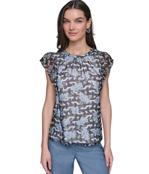 KARL LAGERFELD Women Mixed-Print floral Flutter-Sleeve Top Gray Blue Size M $89
