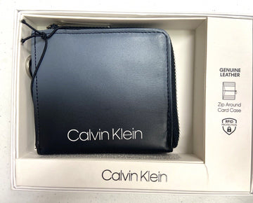 Calvin Klein Men RFID Zip Card Wallet Gusset C Black Gray Leather MSRP $50