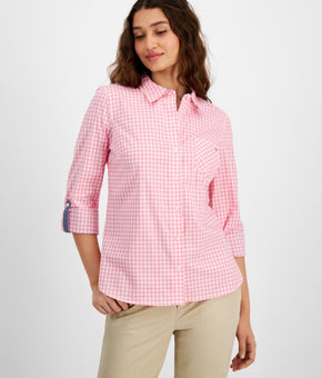 Tommy Hilfiger Women's Cotton Gingham Roll-Tab Shirt Pink Size M MSRP $70