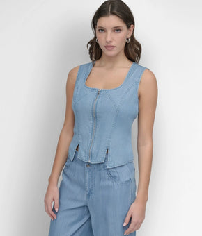 DKNY Women's Zip-Front Vent Corset 100% lyocell Top Scoop neck Blue Size L $89