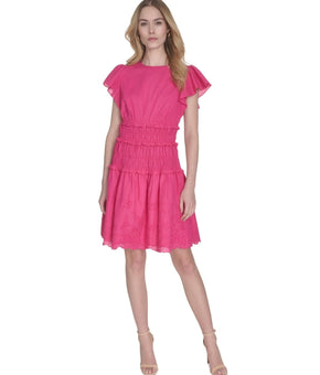 Eliza J Women Cotton Smocked Embroidered Flutter-Sleeve Dress Pink Size 12 $138